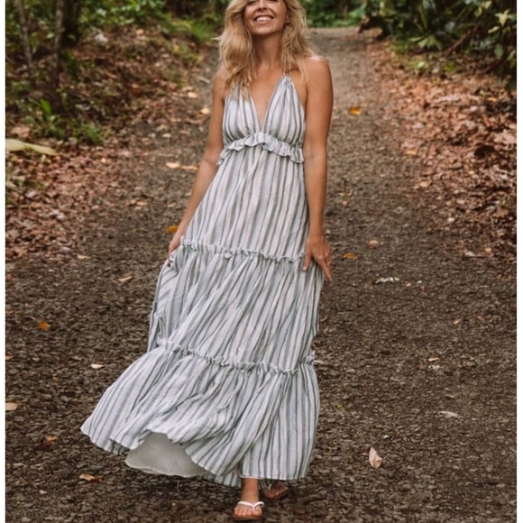 Lulus Dresses & Skirts - Lulus Vacay Babe Grey White Blue Striped Halter Maxi Dress M